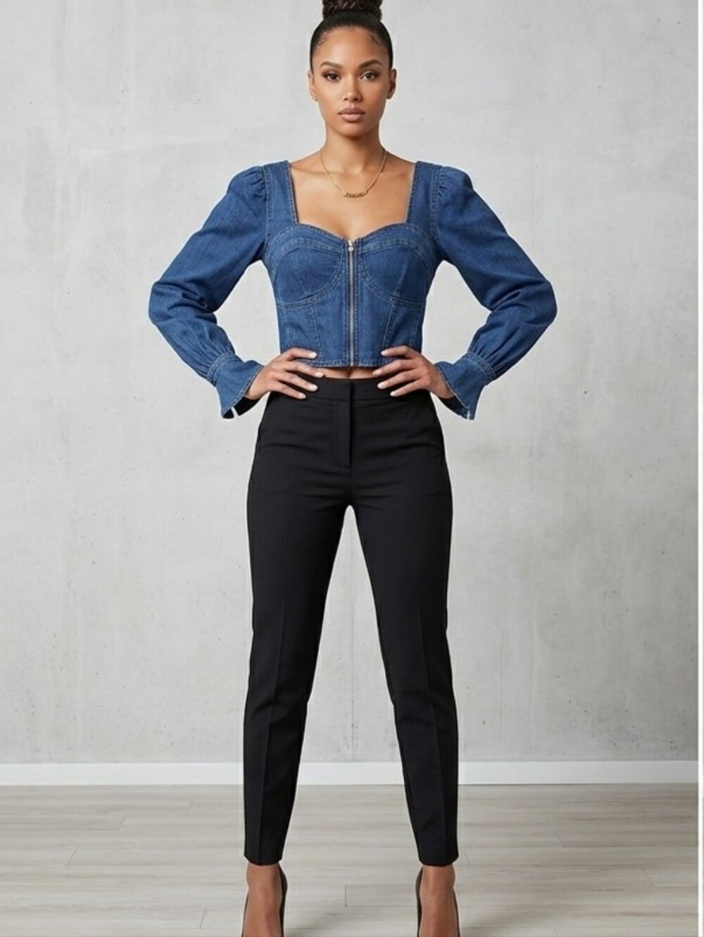 bebe Blue Denim Zip-Front Sweetheart Crop Bustier